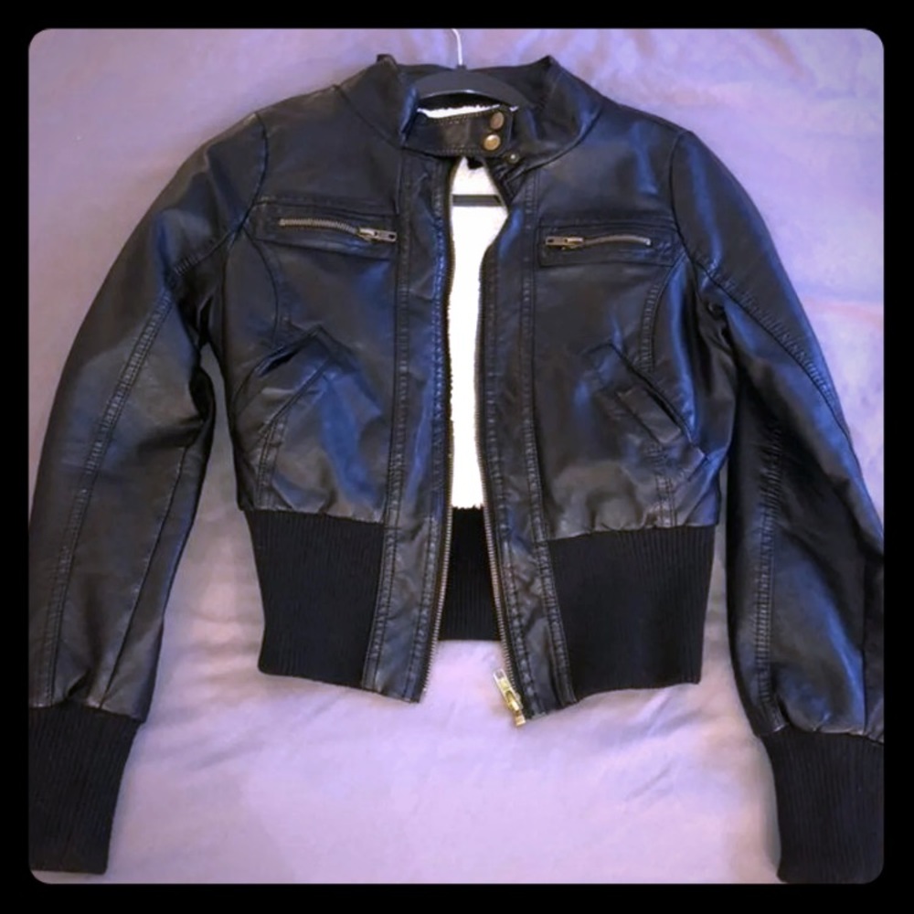 Faux leather hooded bomber jacket